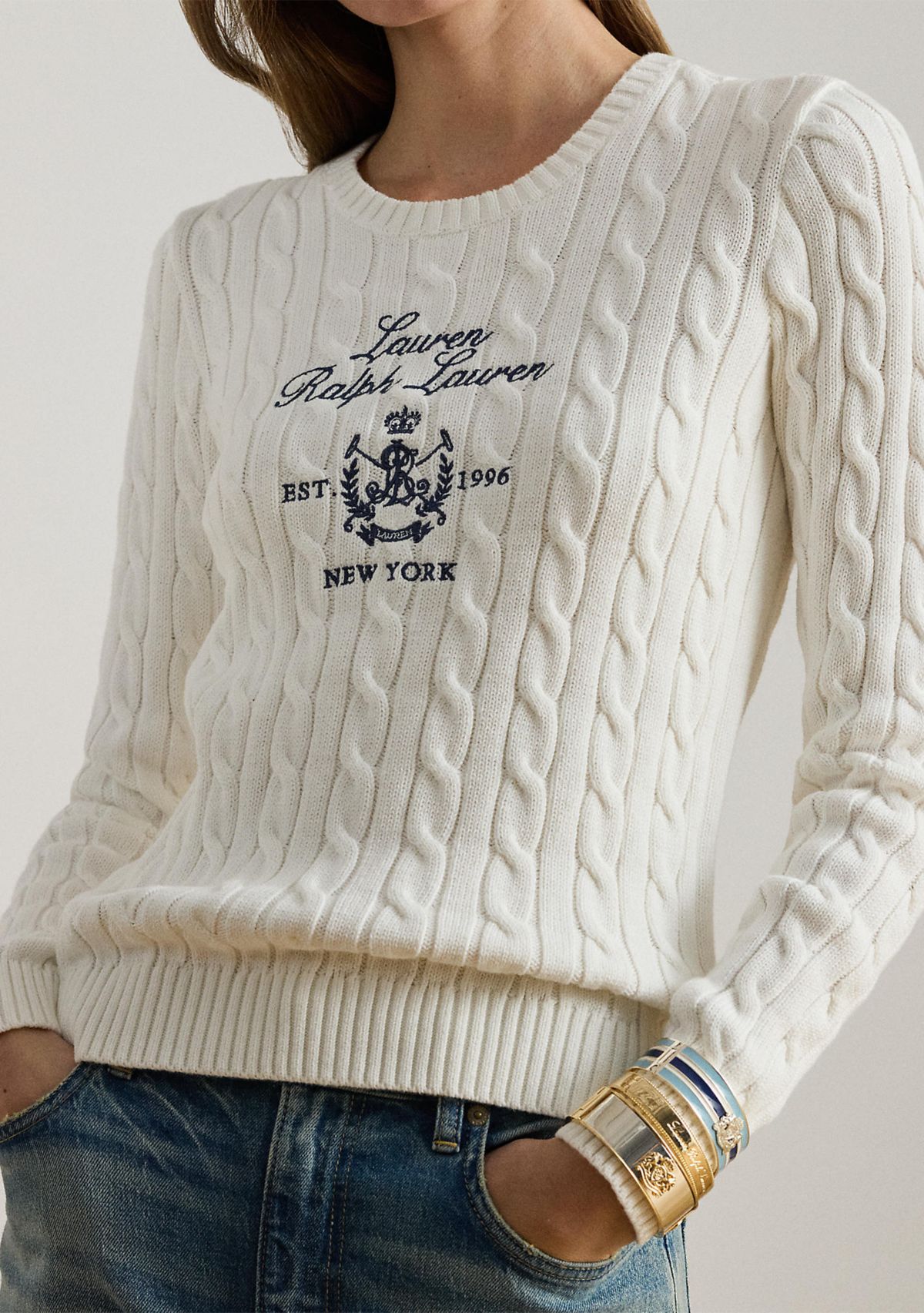 Womens Embroidered-Crest Cable-Knit Sweater