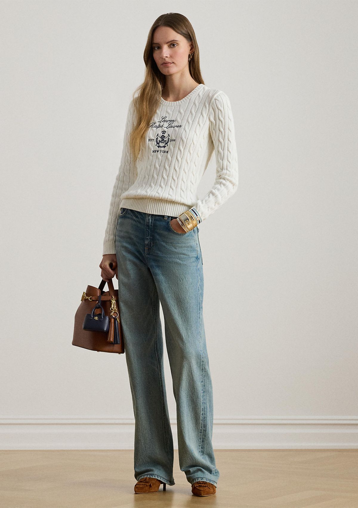 Womens Embroidered-Crest Cable-Knit Sweater