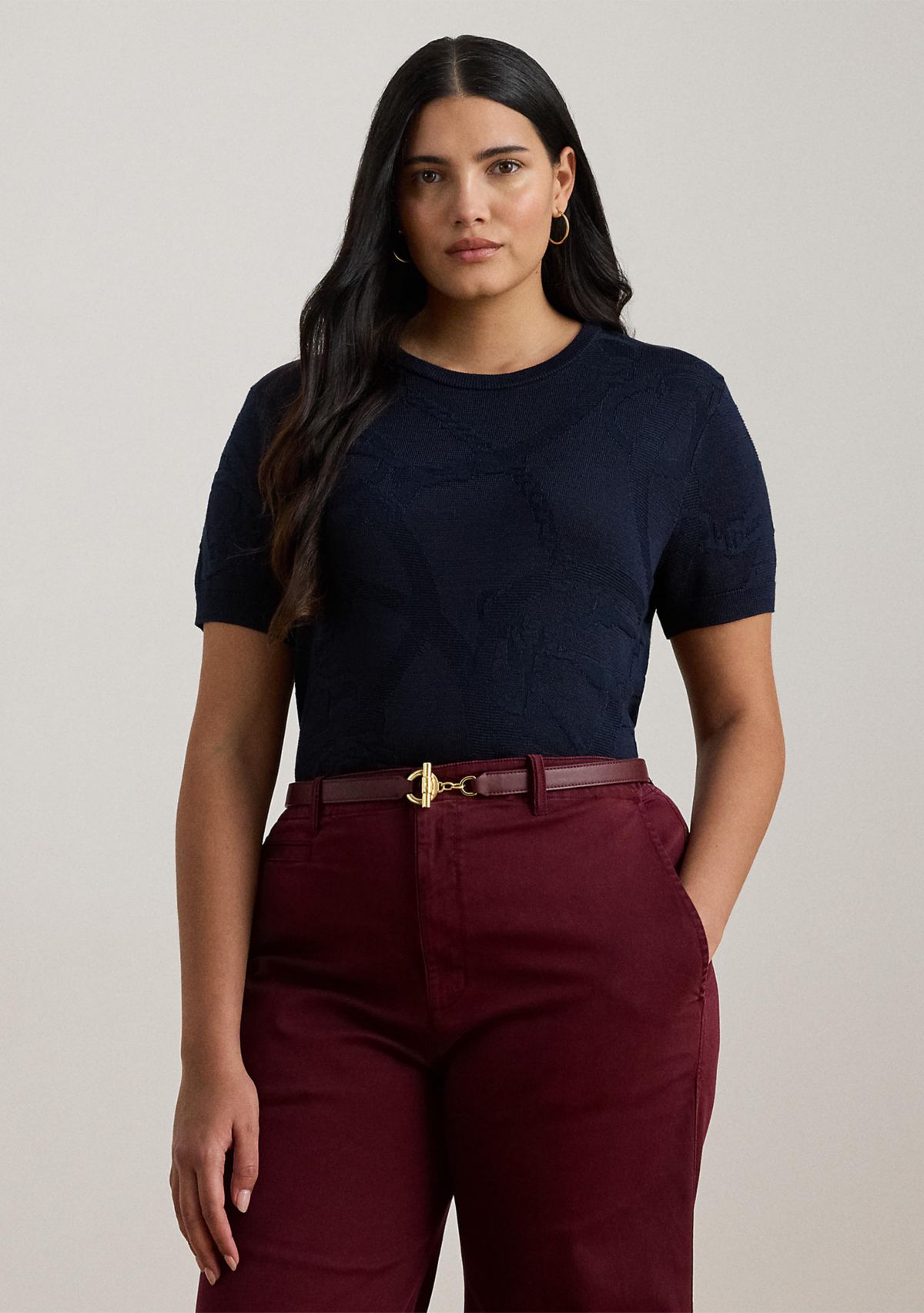 Plus Size Belting-Motif Short-Sleeve Sweater
