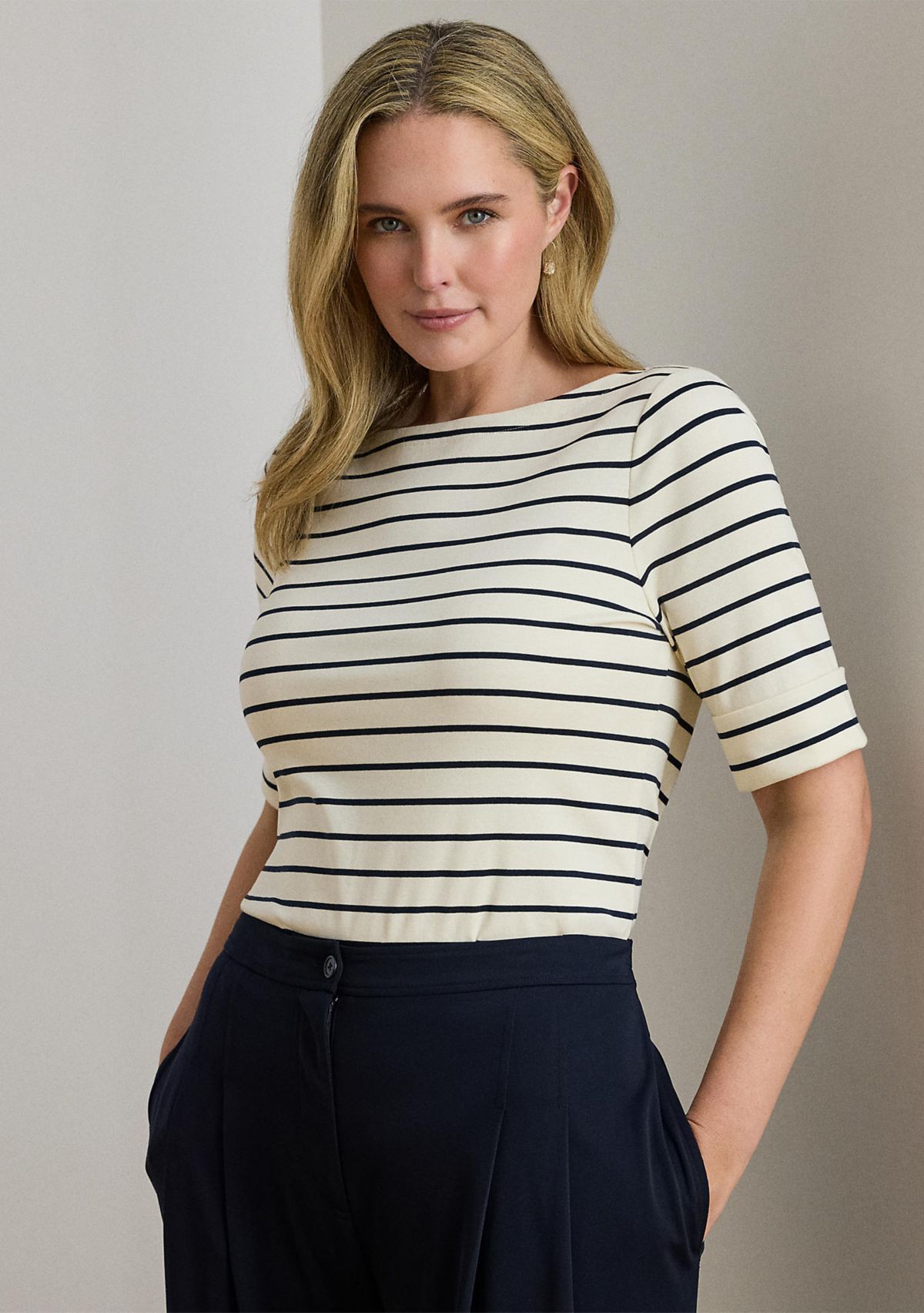 Plus Size Striped Stretch Cotton Boat Neck T-Shirt