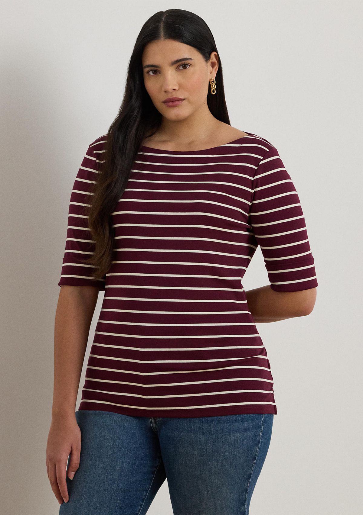 Plus Size Striped Stretch Cotton Boat Neck T-Shirt