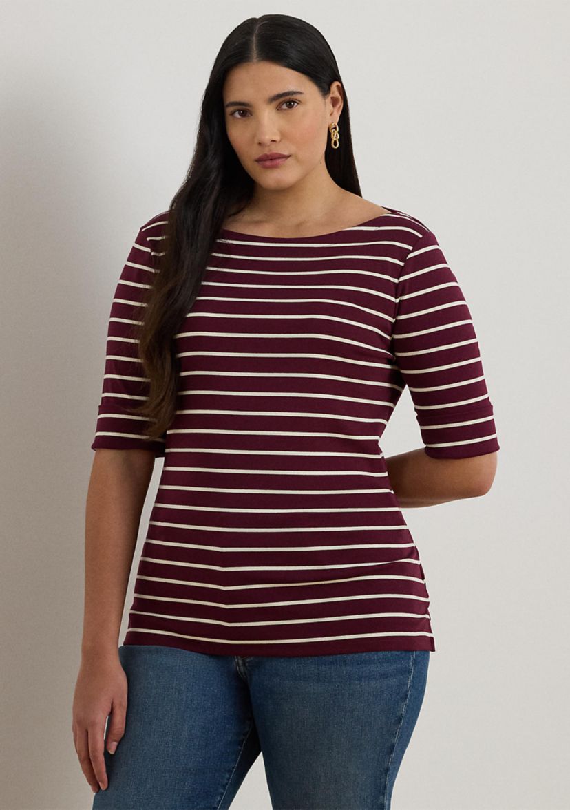 Plus Size Striped Stretch Cotton Boat Neck T-Shirt