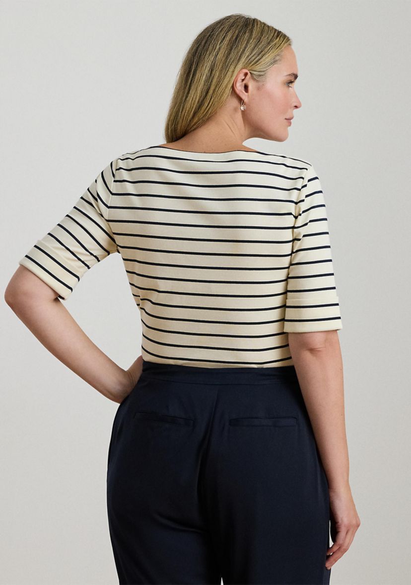 Plus Size Striped Stretch Cotton Boat Neck T-Shirt