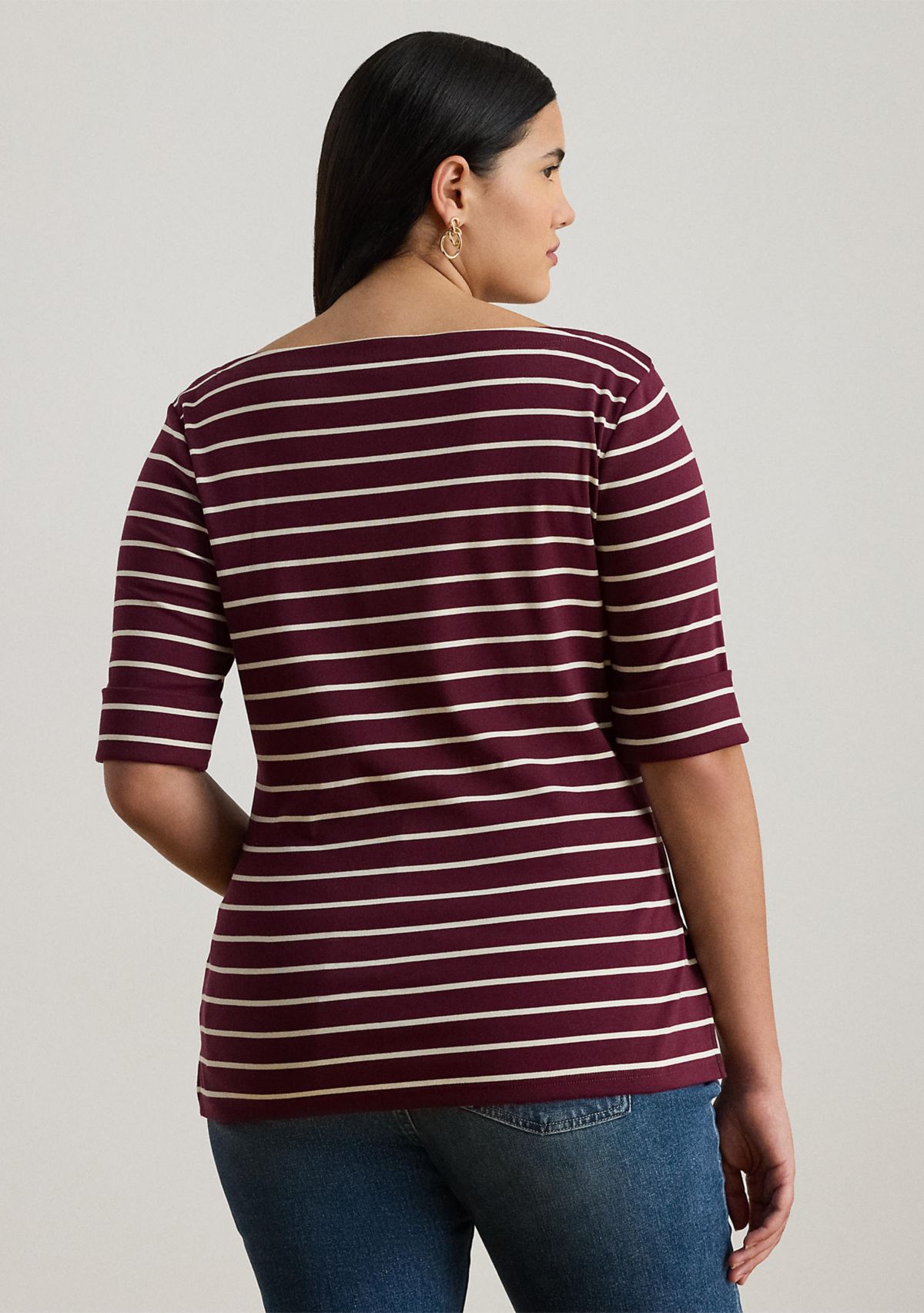 Plus Size Striped Stretch Cotton Boat Neck T-Shirt