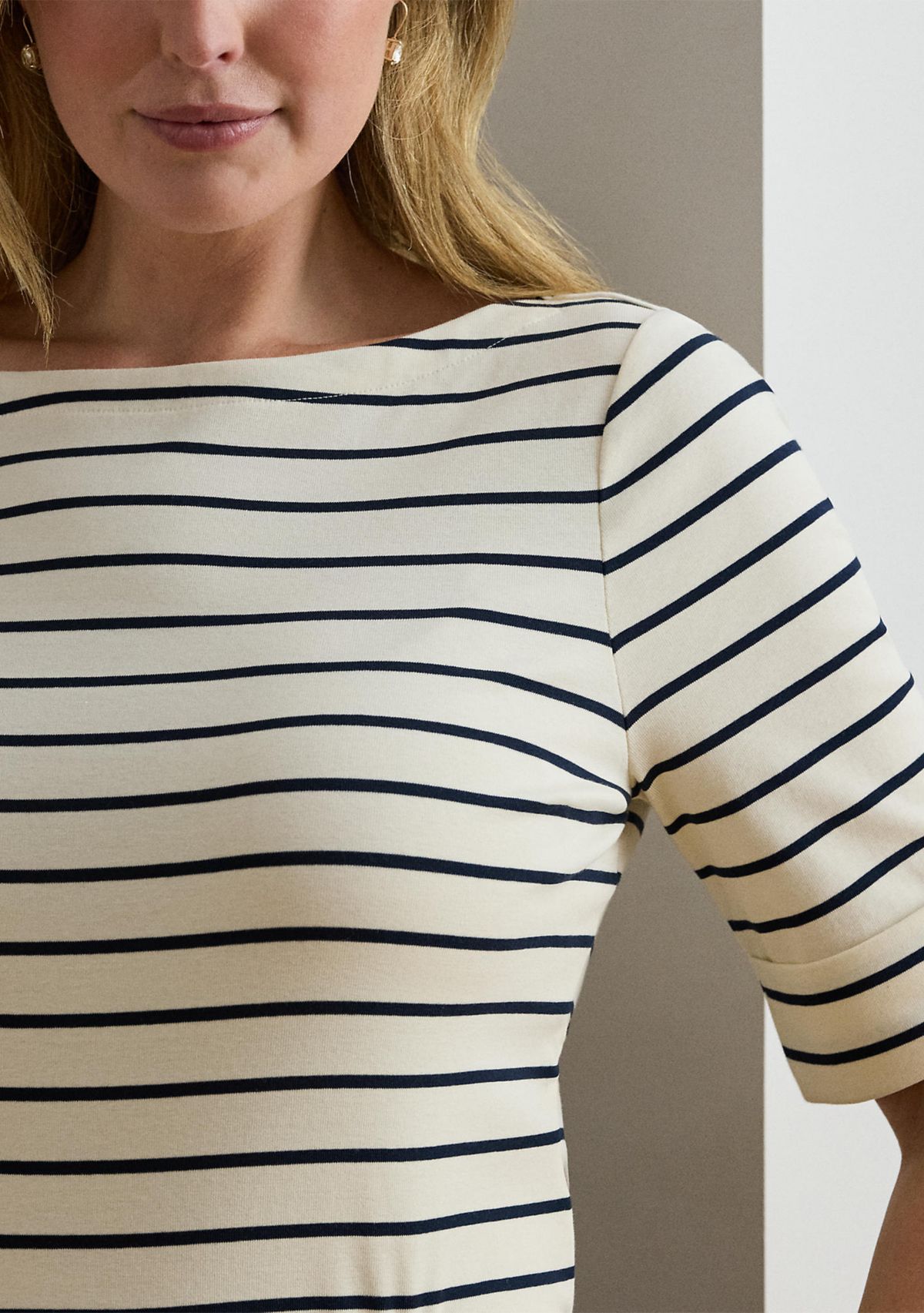 Plus Size Striped Stretch Cotton Boat Neck T-Shirt