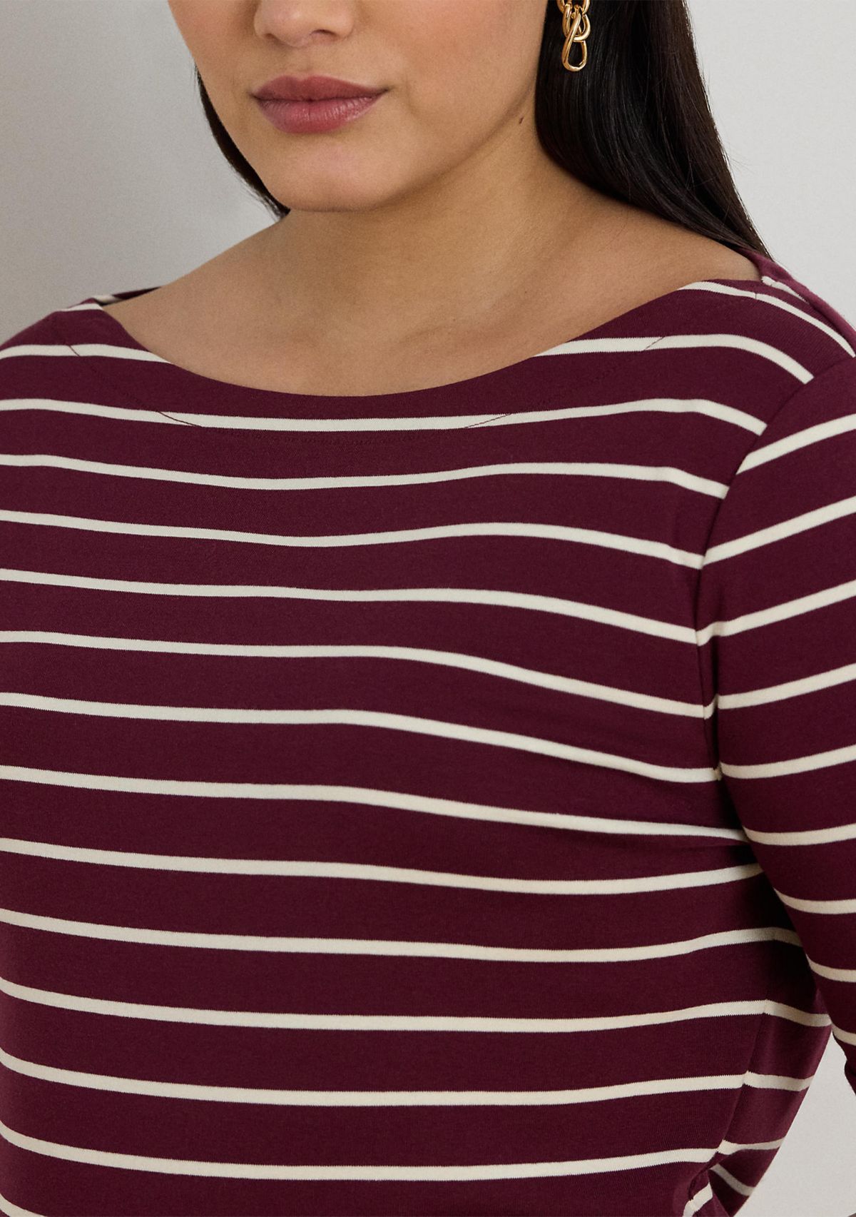 Plus Size Striped Stretch Cotton Boat Neck T-Shirt