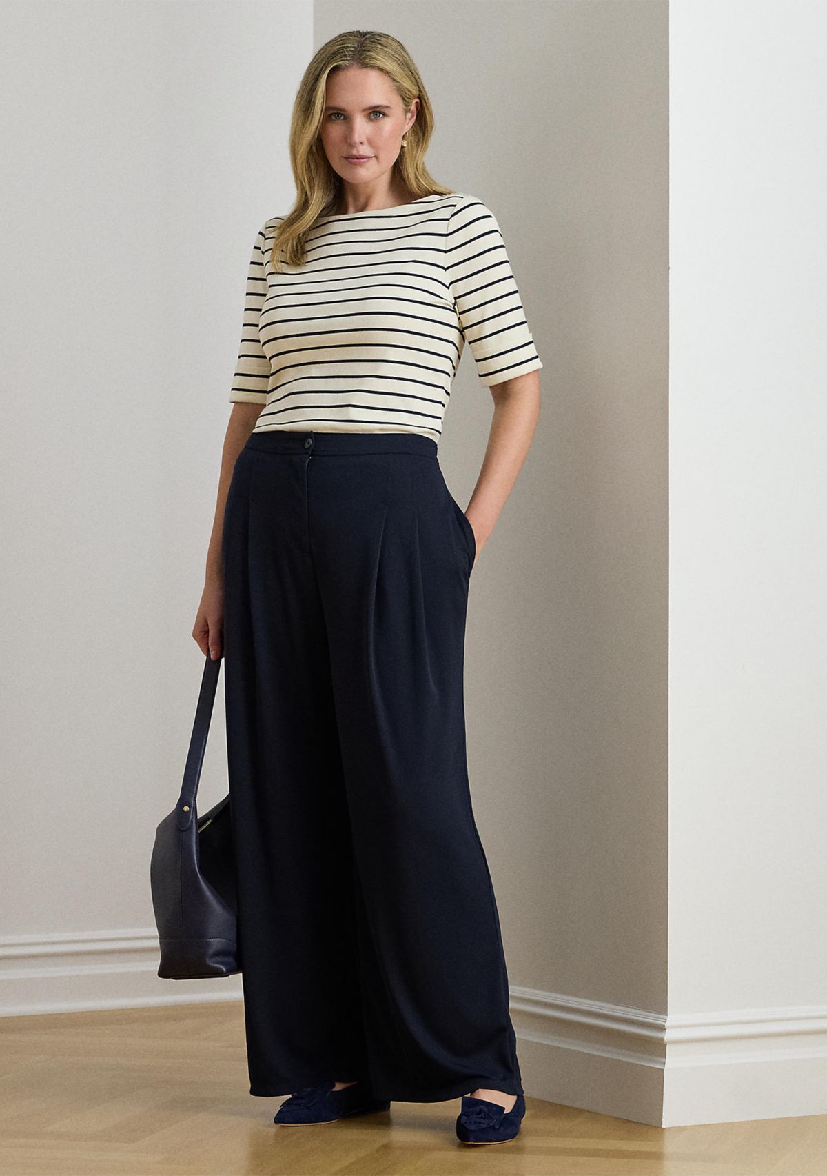 Plus Size Striped Stretch Cotton Boat Neck T-Shirt