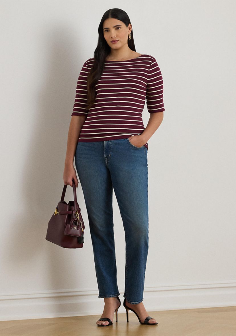 Plus Size Striped Stretch Cotton Boat Neck T-Shirt