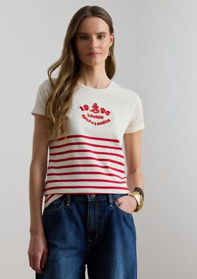 Lauren Ralph Lauren Women's Striped Embroidered-Logo Jersey T-Shirt