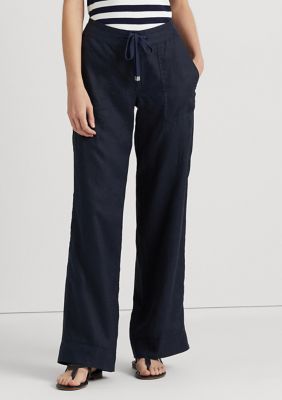 Lauren Ralph Lauren Women's Linen Wide-Leg Pants, Navy Blue, 8