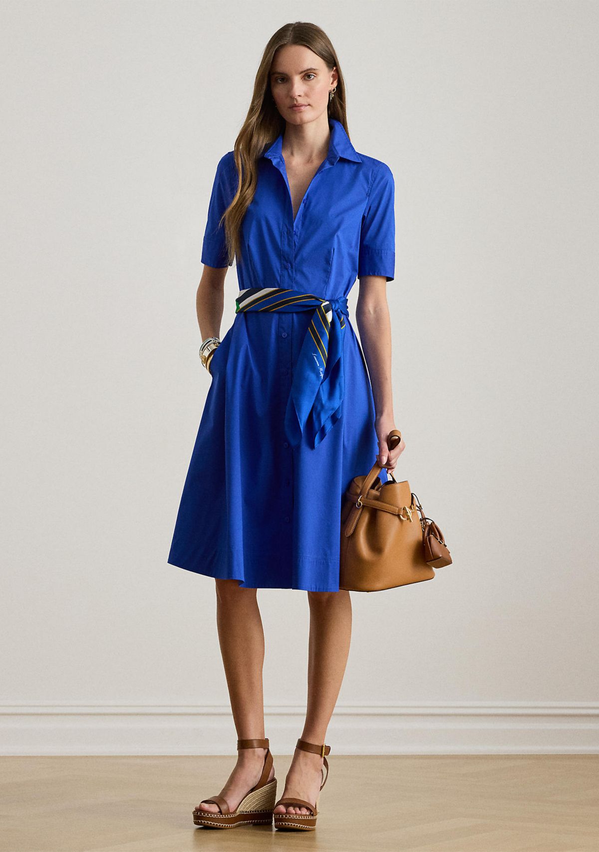 Womens Belted Cotton-Blend Shirtdress