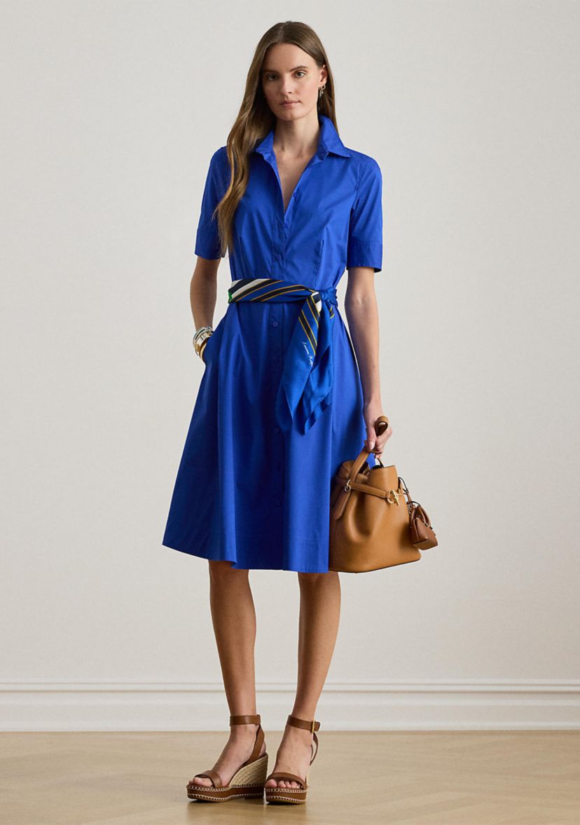 Womens Belted Cotton-Blend Shirtdress