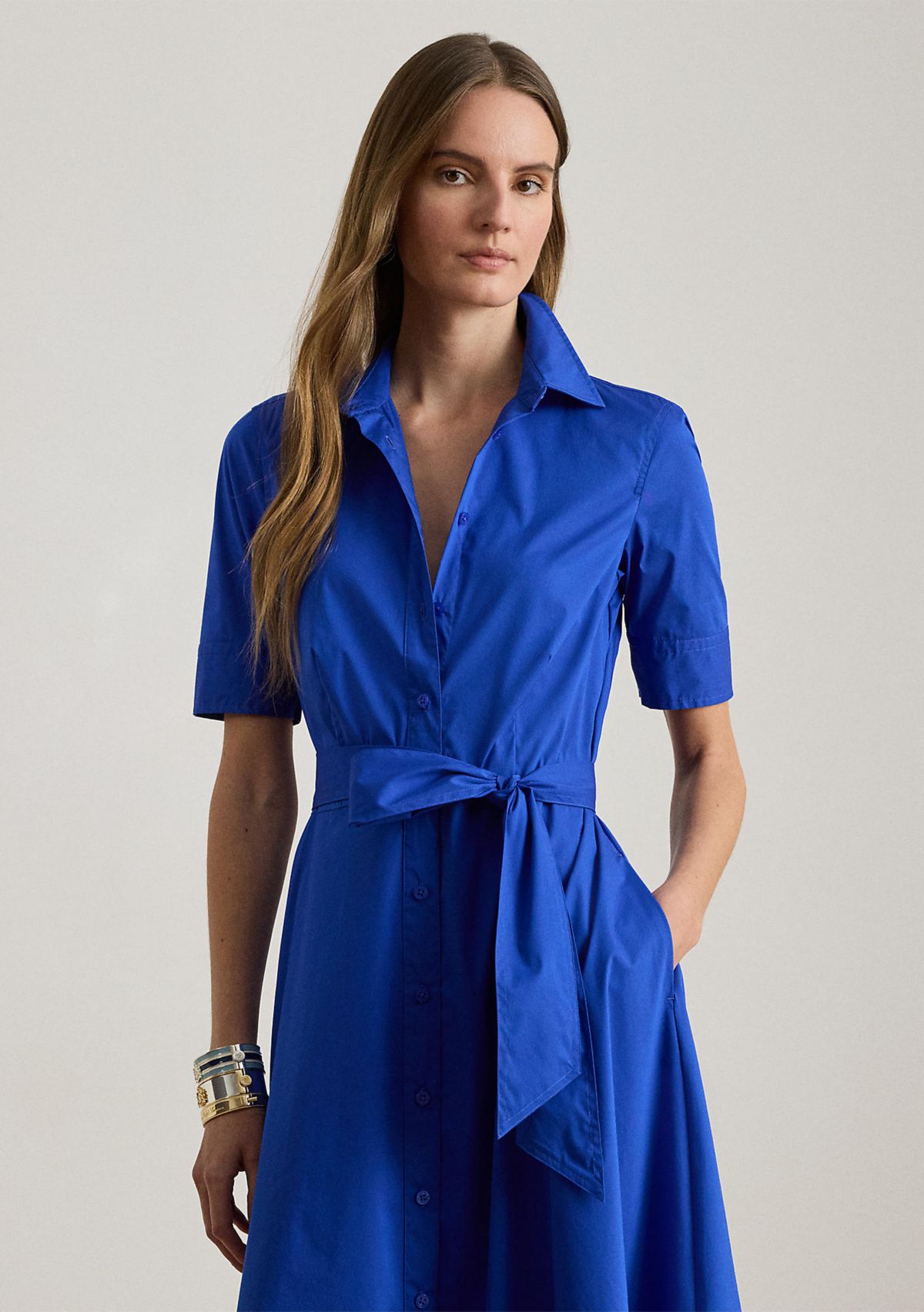 Womens Belted Cotton-Blend Shirtdress