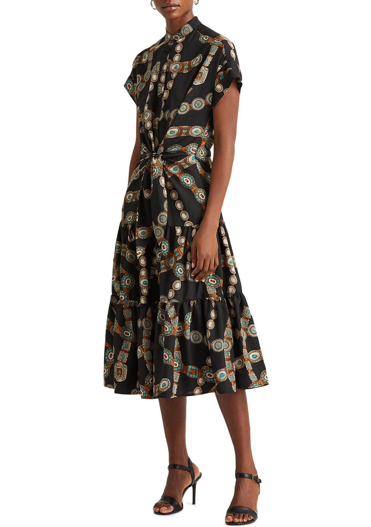 Womens Belt Print Crepe Shirtdress