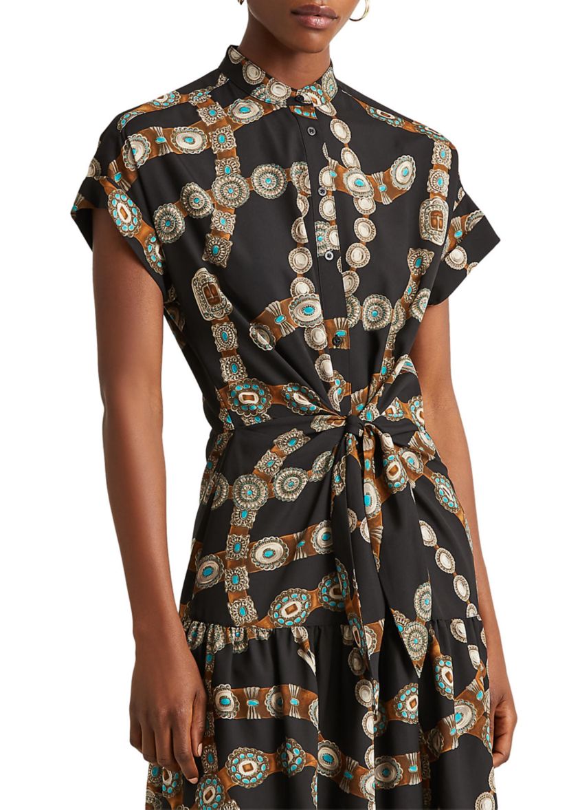 Womens Belt Print Crepe Shirtdress