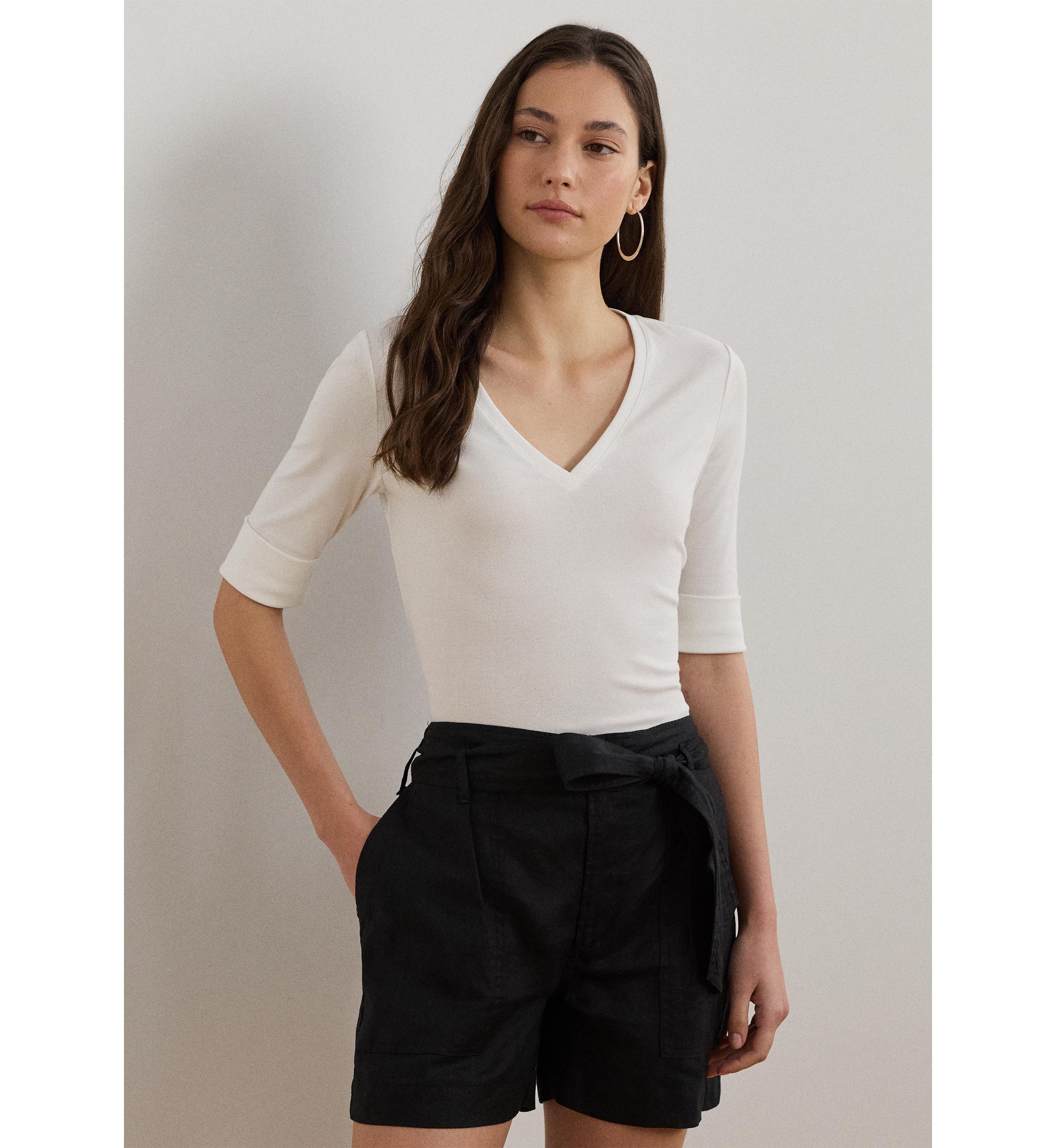 Womens Stretch Cotton Elbow-Sleeve V-Neck T-Shirt