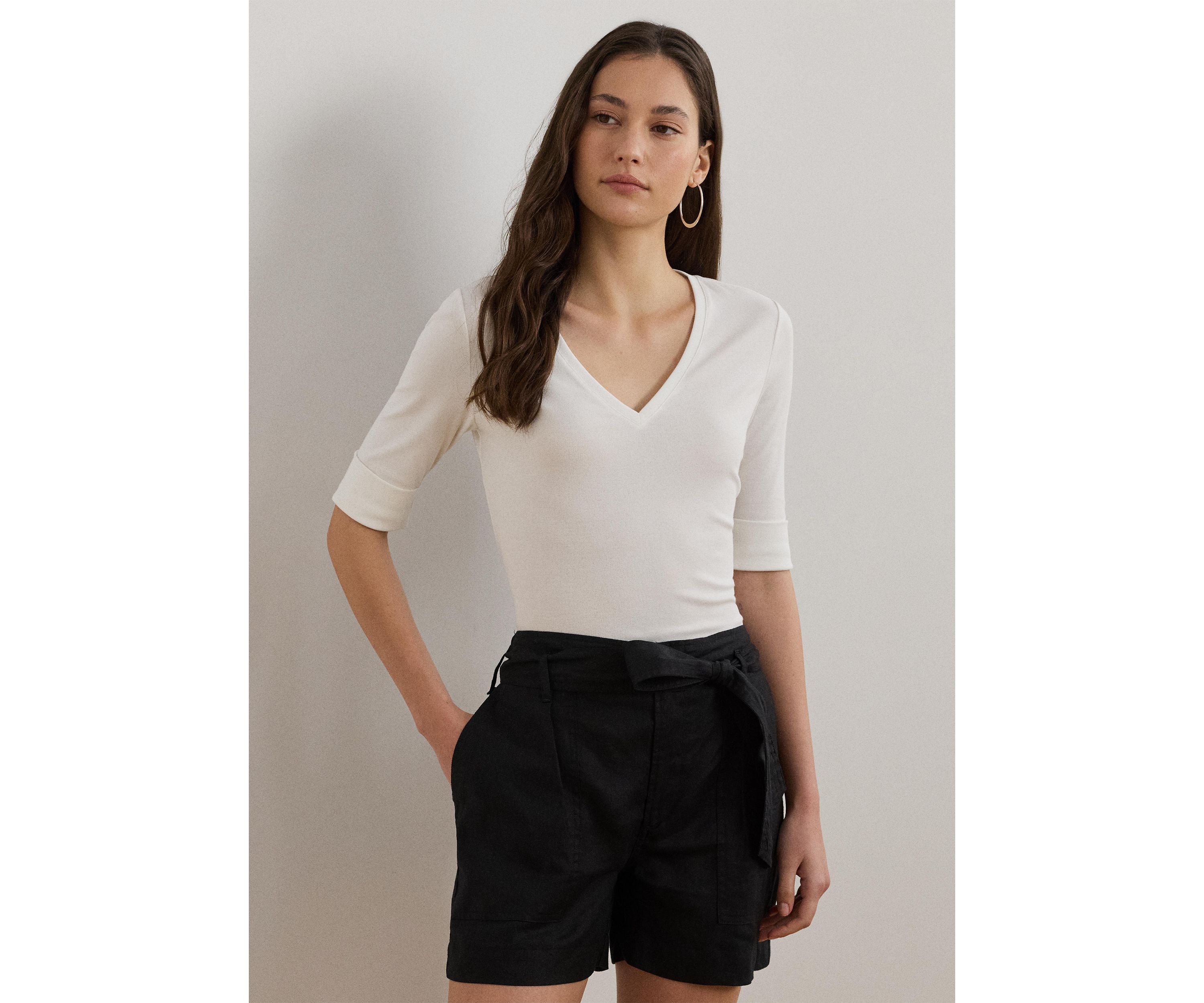 Womens Stretch Cotton Elbow-Sleeve V-Neck T-Shirt