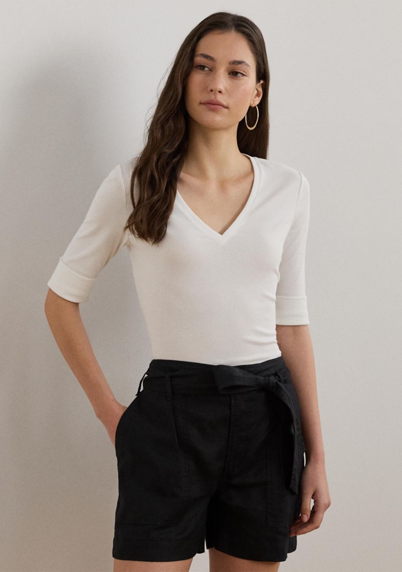Womens Stretch Cotton Elbow-Sleeve V-Neck T-Shirt