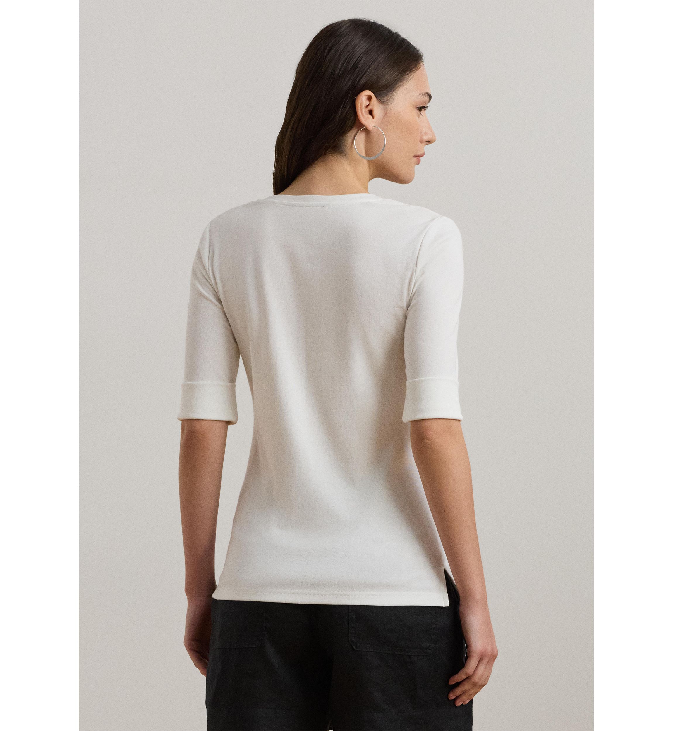 Womens Stretch Cotton Elbow-Sleeve V-Neck T-Shirt