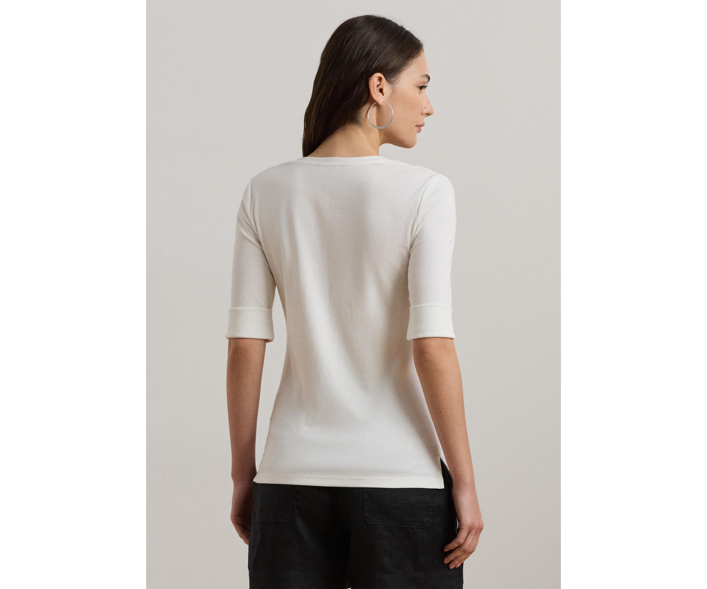 Womens Stretch Cotton Elbow-Sleeve V-Neck T-Shirt
