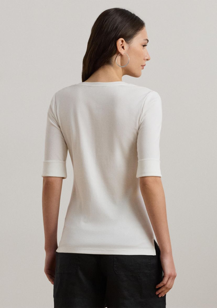 Womens Stretch Cotton Elbow-Sleeve V-Neck T-Shirt
