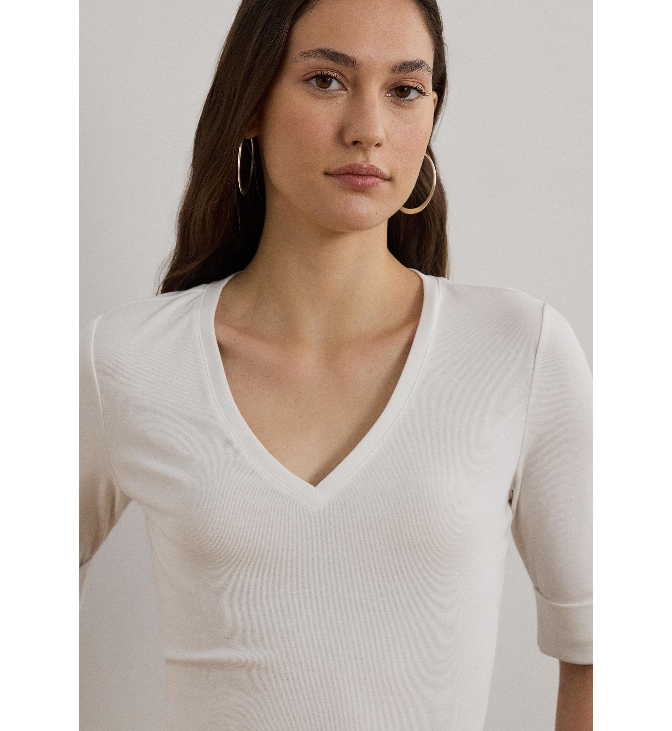 Womens Stretch Cotton Elbow-Sleeve V-Neck T-Shirt