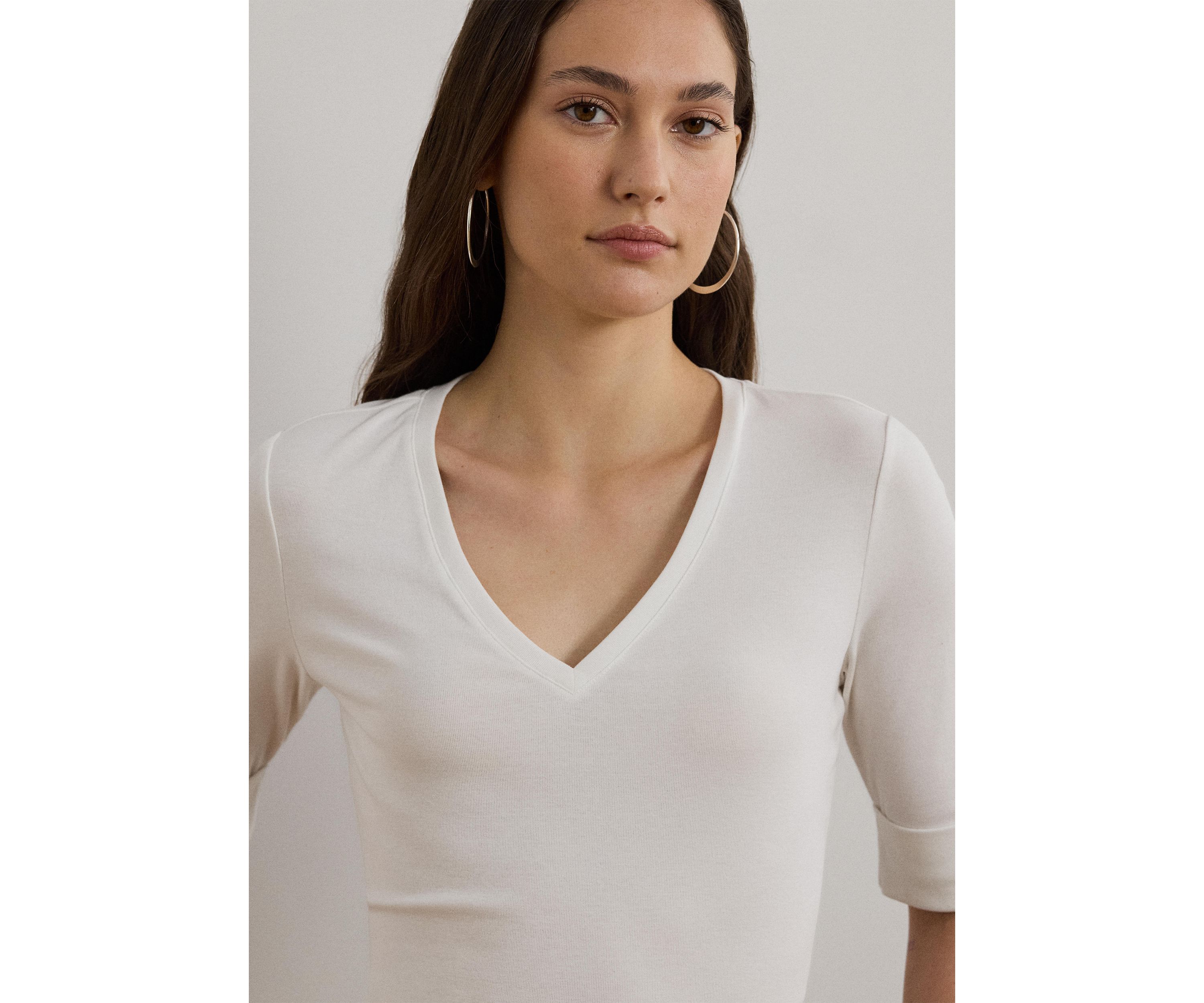 Womens Stretch Cotton Elbow-Sleeve V-Neck T-Shirt