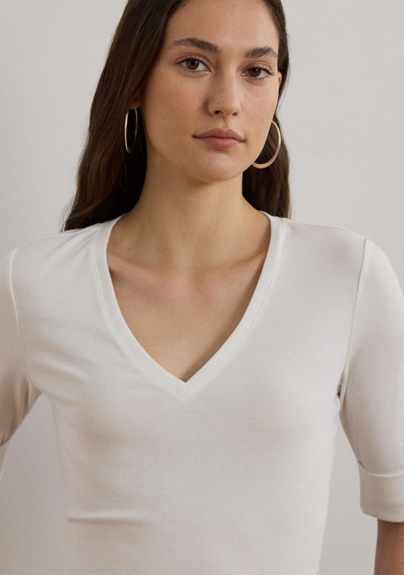 Womens Stretch Cotton Elbow-Sleeve V-Neck T-Shirt