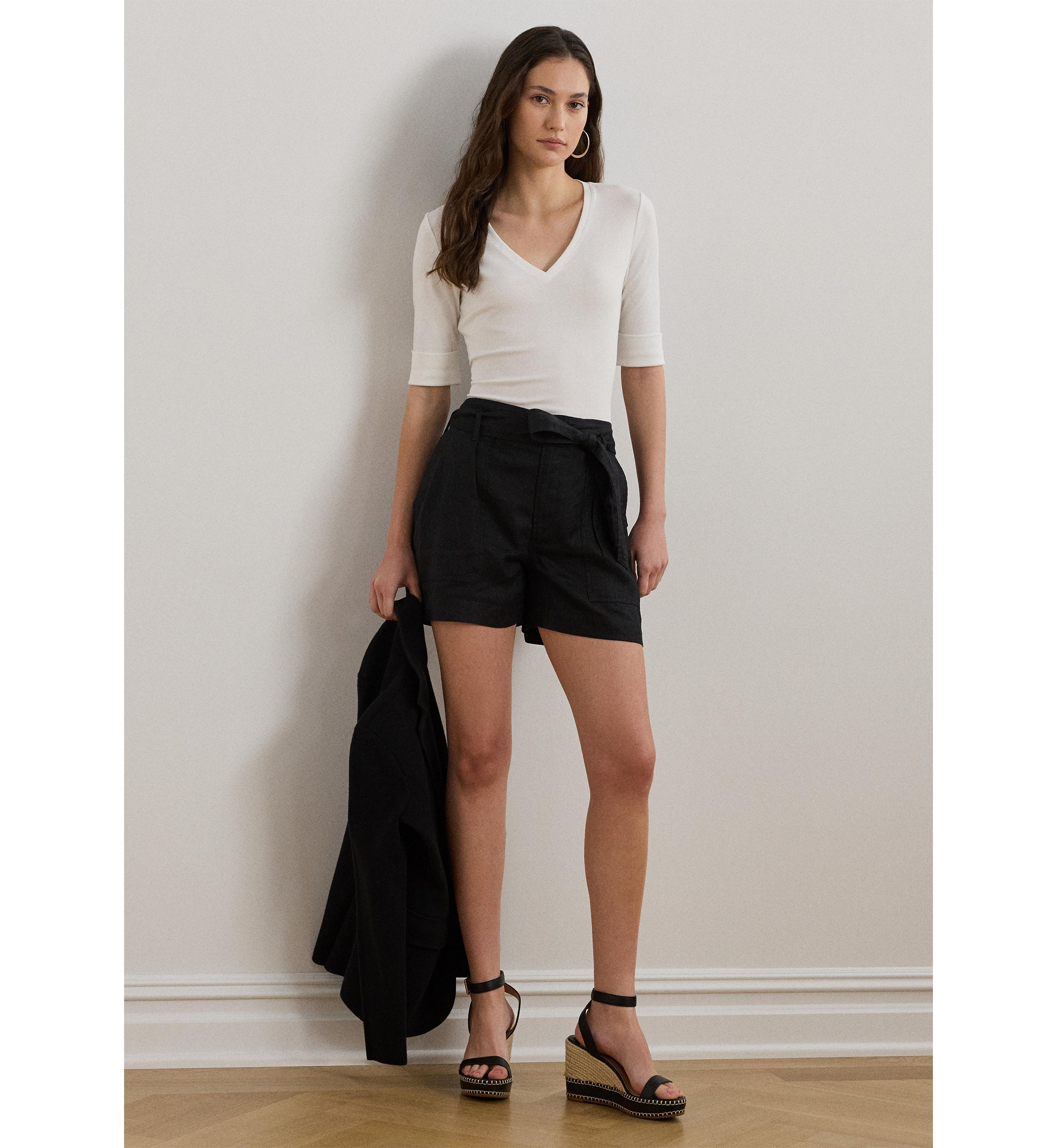 Womens Stretch Cotton Elbow-Sleeve V-Neck T-Shirt