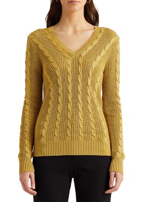 Lauren Ralph Lauren Metallic Cable-Knit V-Neck Sweater | belk