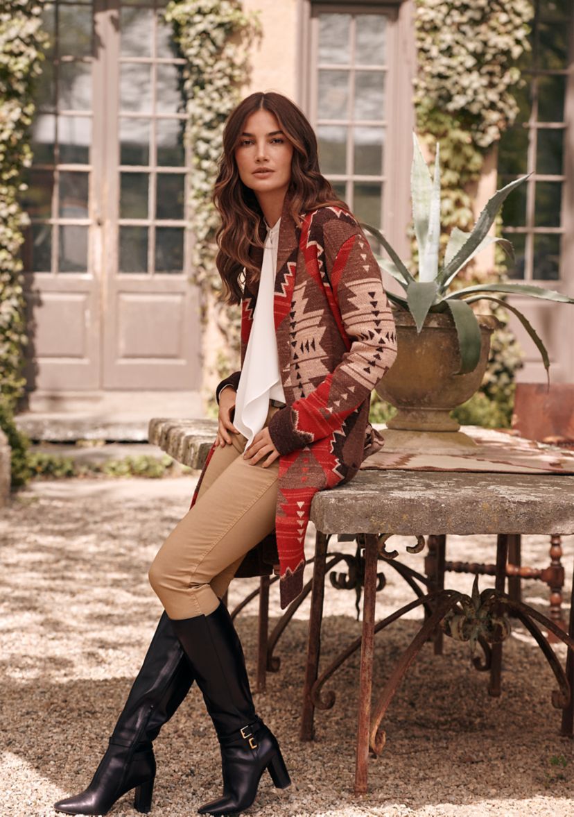 Womens Western Print Intarsia Knit Cardigan