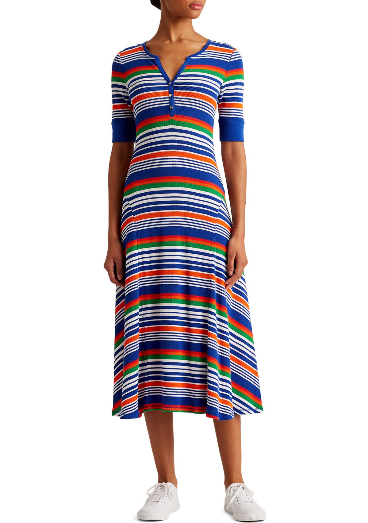 Womens Striped Cotton Henley Dress 