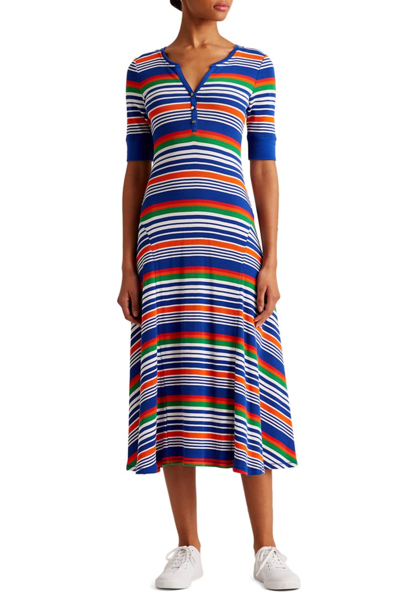 Womens Striped Cotton Henley Dress 
