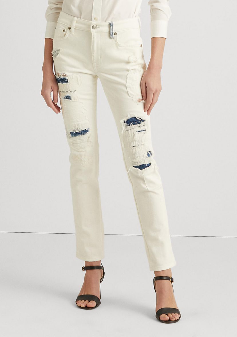 Distressed Patchwork Straight Jeans 