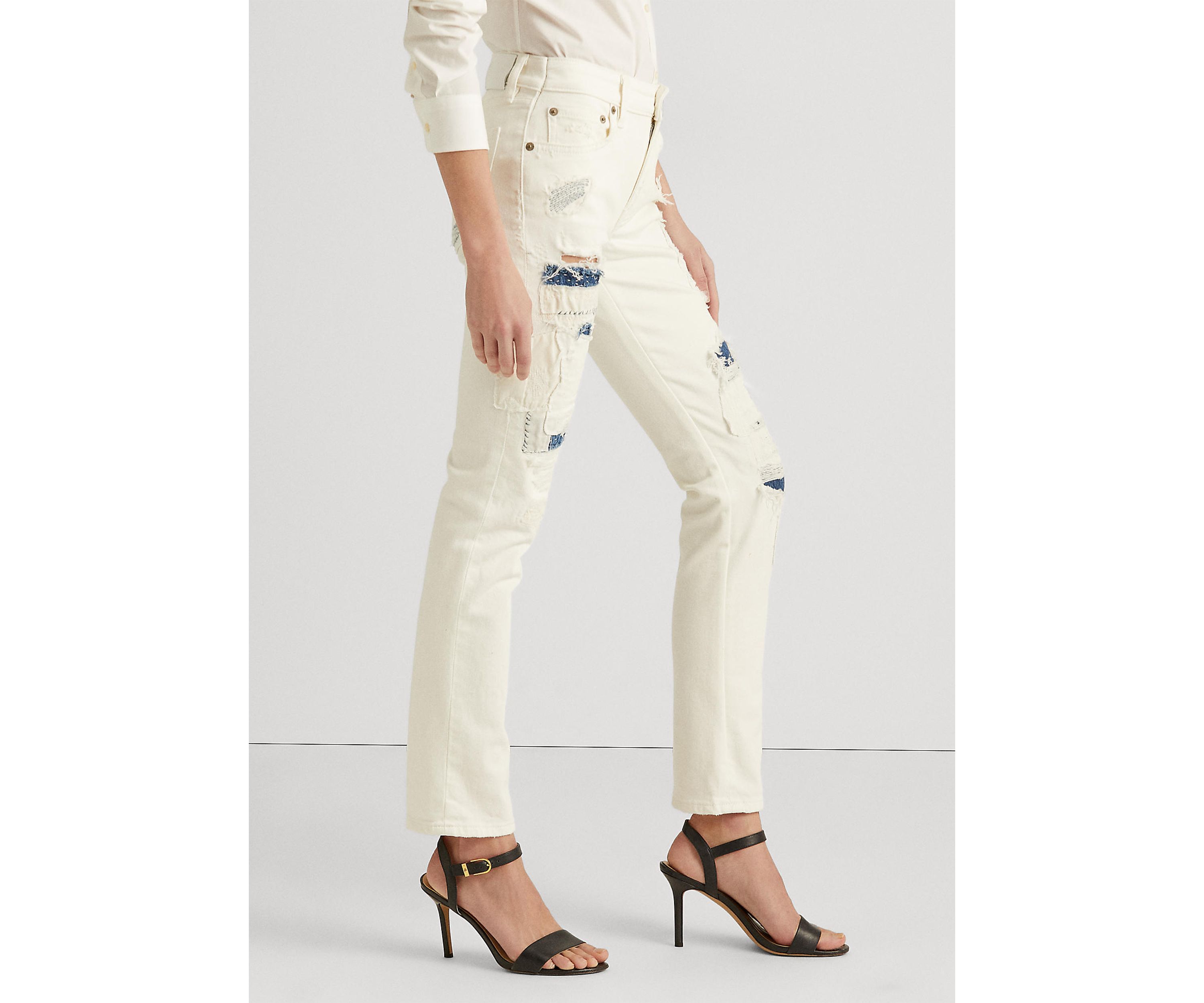 Distressed Patchwork Straight Jeans 