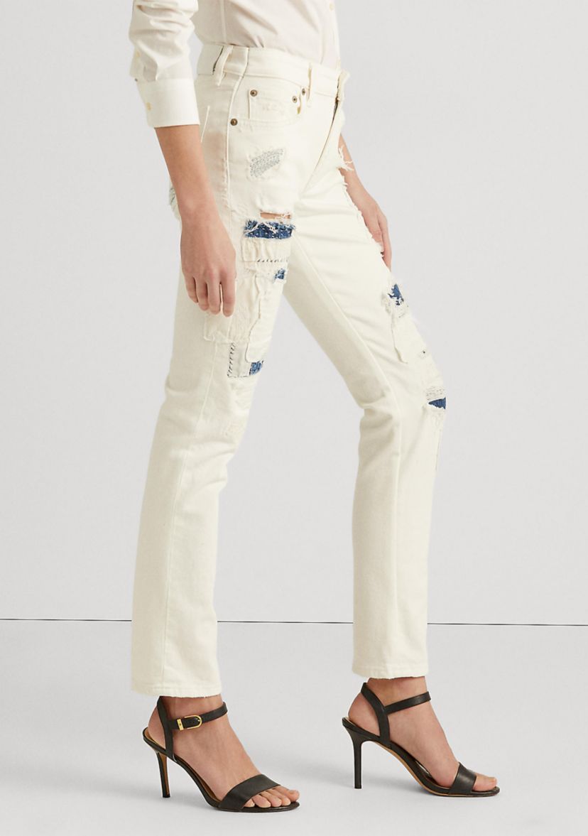 Distressed Patchwork Straight Jeans 