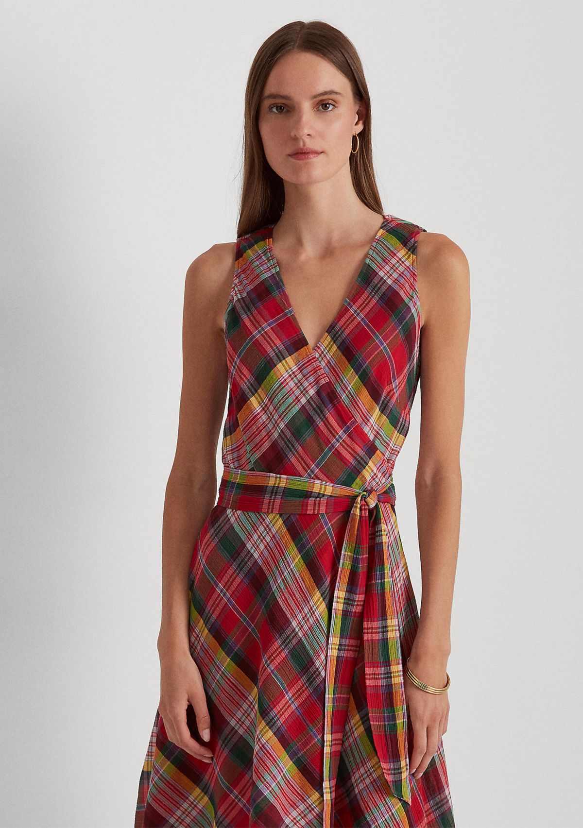 Plaid Crinkle Cotton Sleeveless Dress