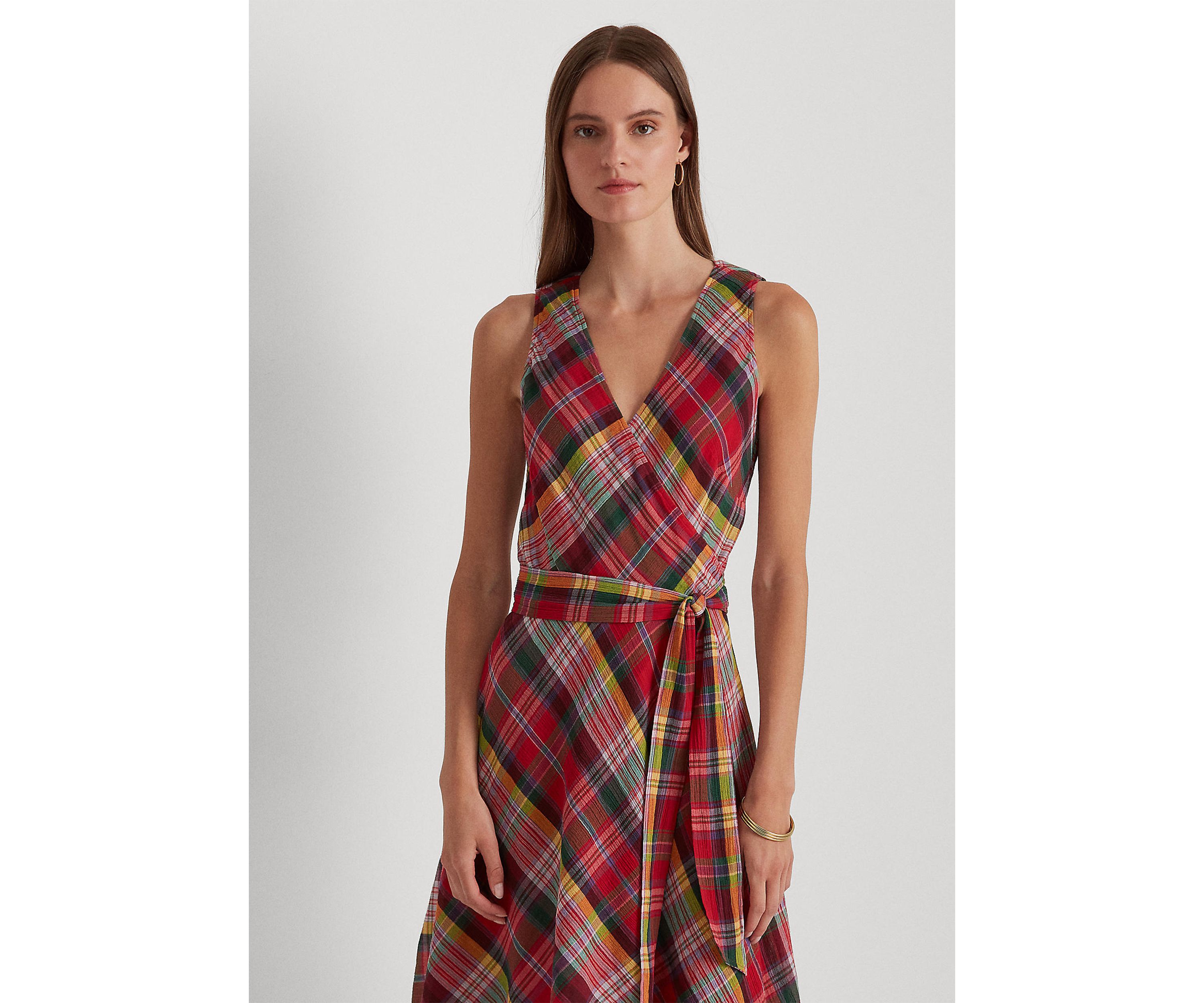 Plaid Crinkle Cotton Sleeveless Dress