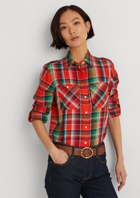 Ralph Lauren Women's Cotton Madras Shirt Orange Size X-Large