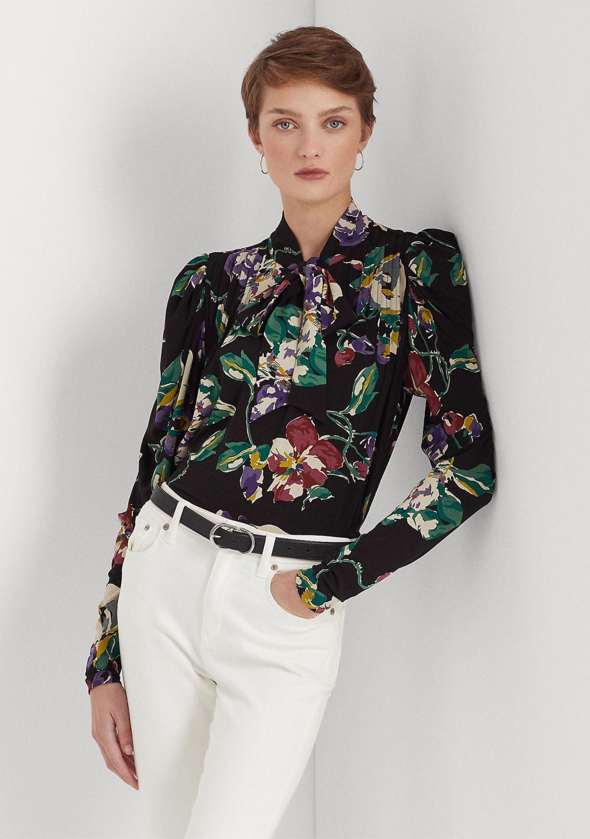 Floral Pleated Jersey Tie-Neck Top