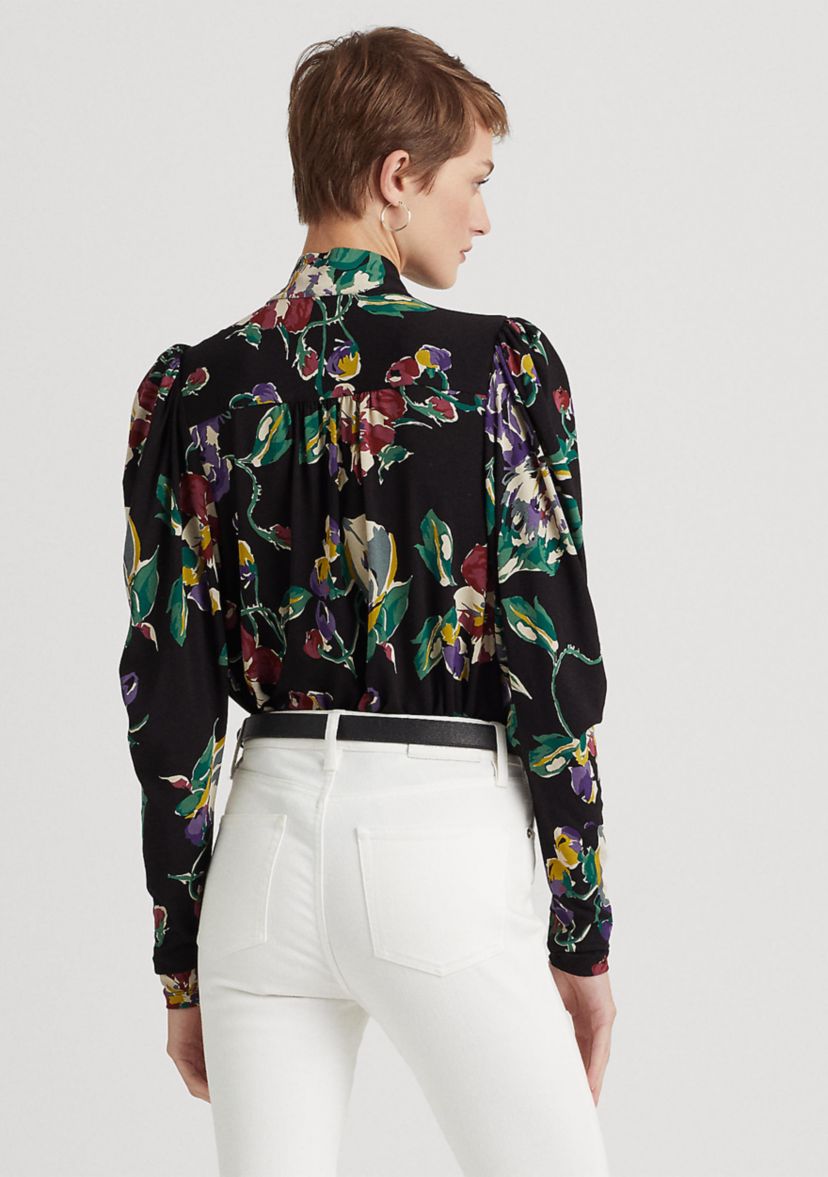 Floral Pleated Jersey Tie-Neck Top