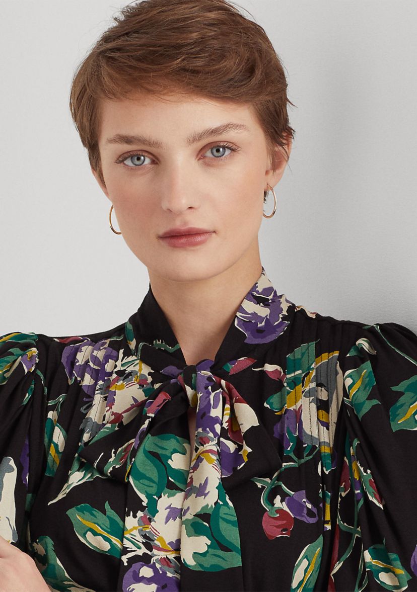 Floral Pleated Jersey Tie-Neck Top