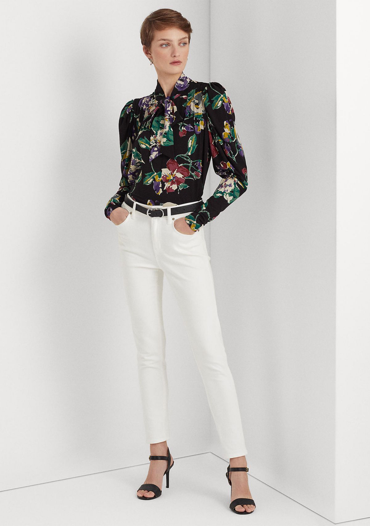 Floral Pleated Jersey Tie-Neck Top