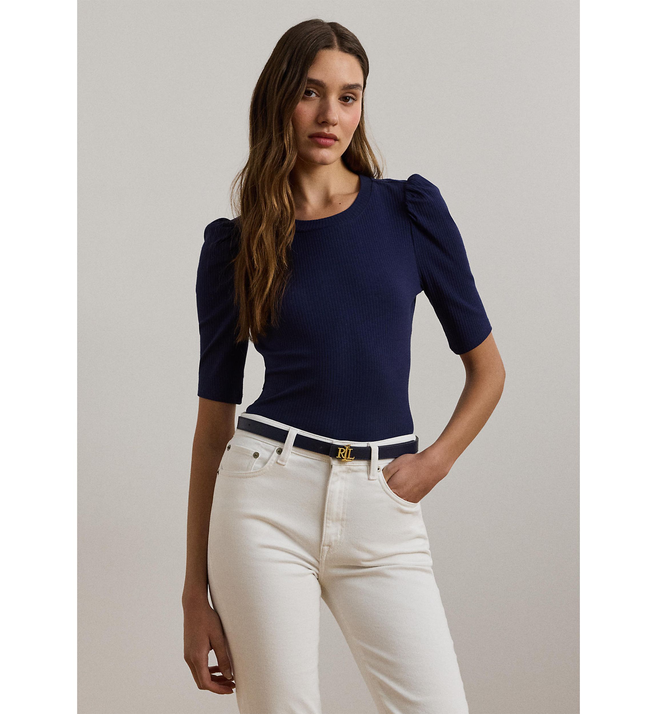 Cotton Blend Rib Knit Puff Sleeve T-Shirt