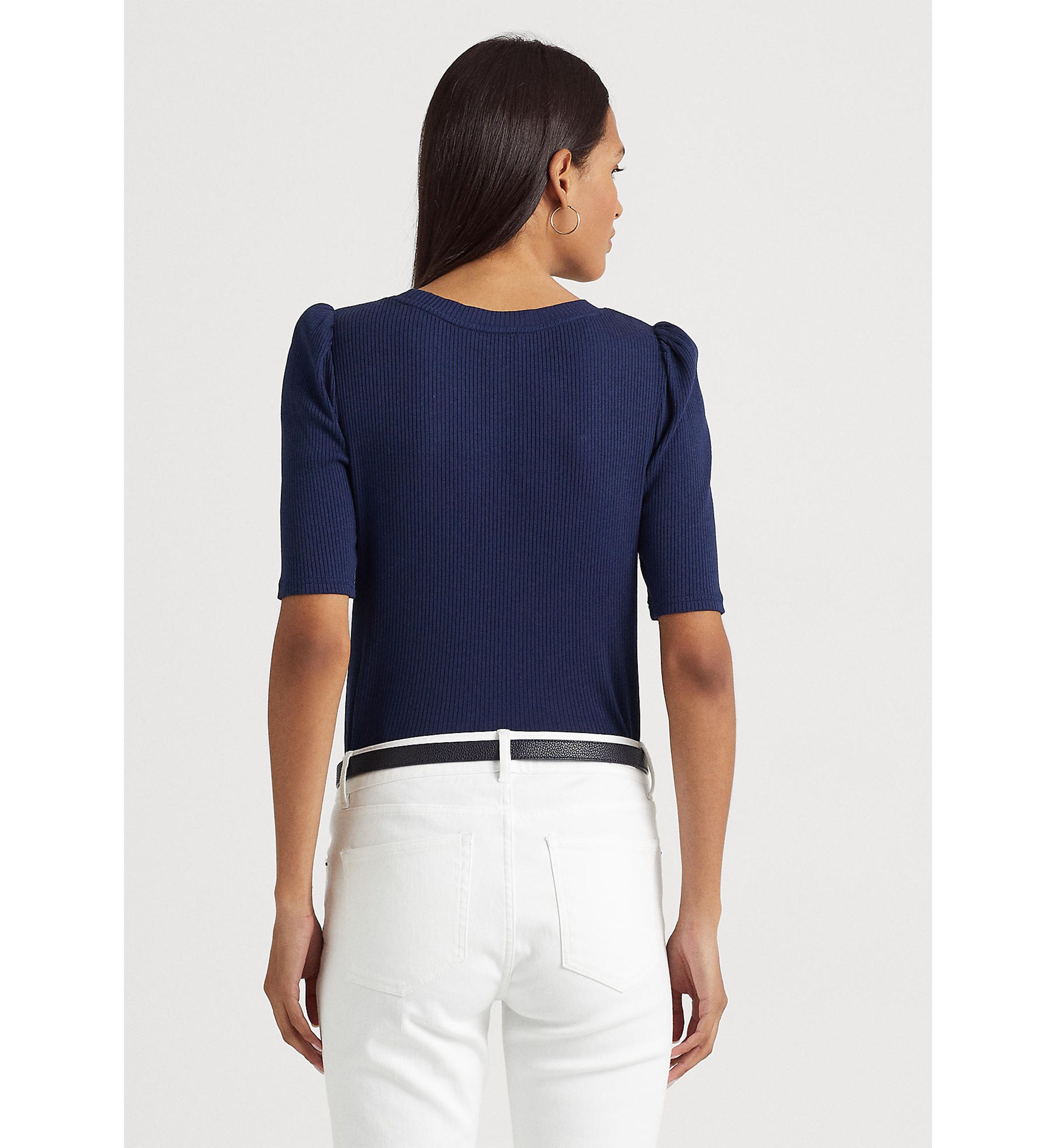 Cotton Blend Rib Knit Puff Sleeve T-Shirt