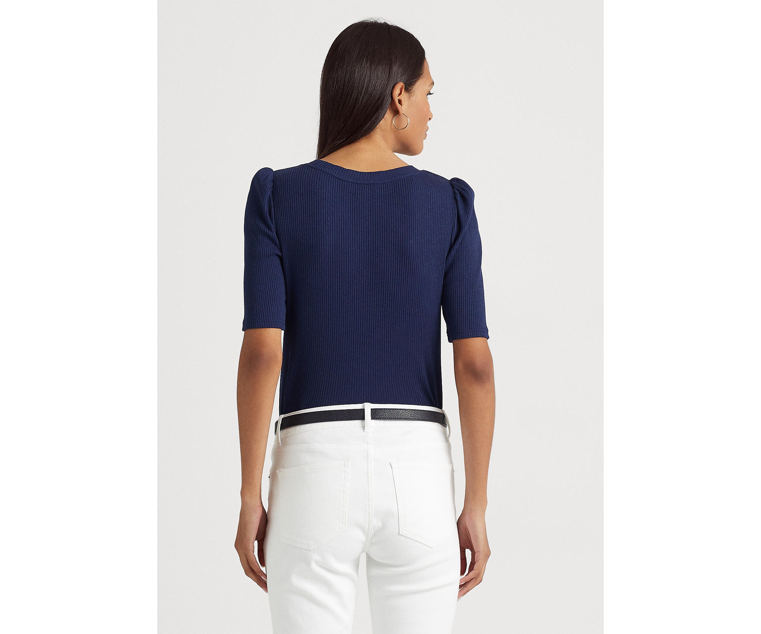 Cotton Blend Rib Knit Puff Sleeve T-Shirt