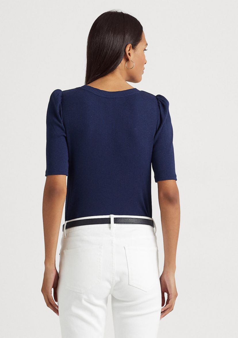 Cotton Blend Rib Knit Puff Sleeve T-Shirt