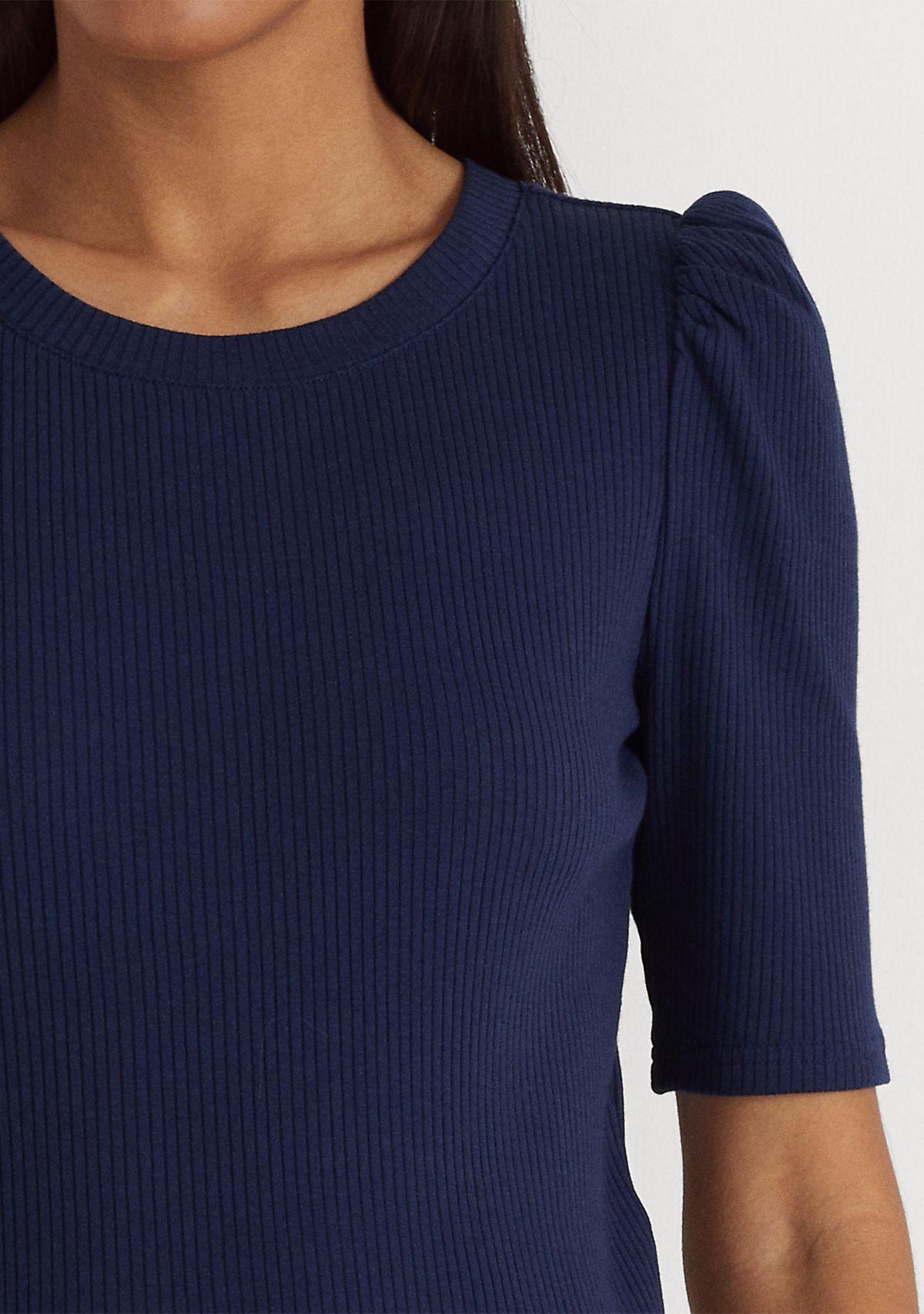 Cotton Blend Rib Knit Puff Sleeve T-Shirt