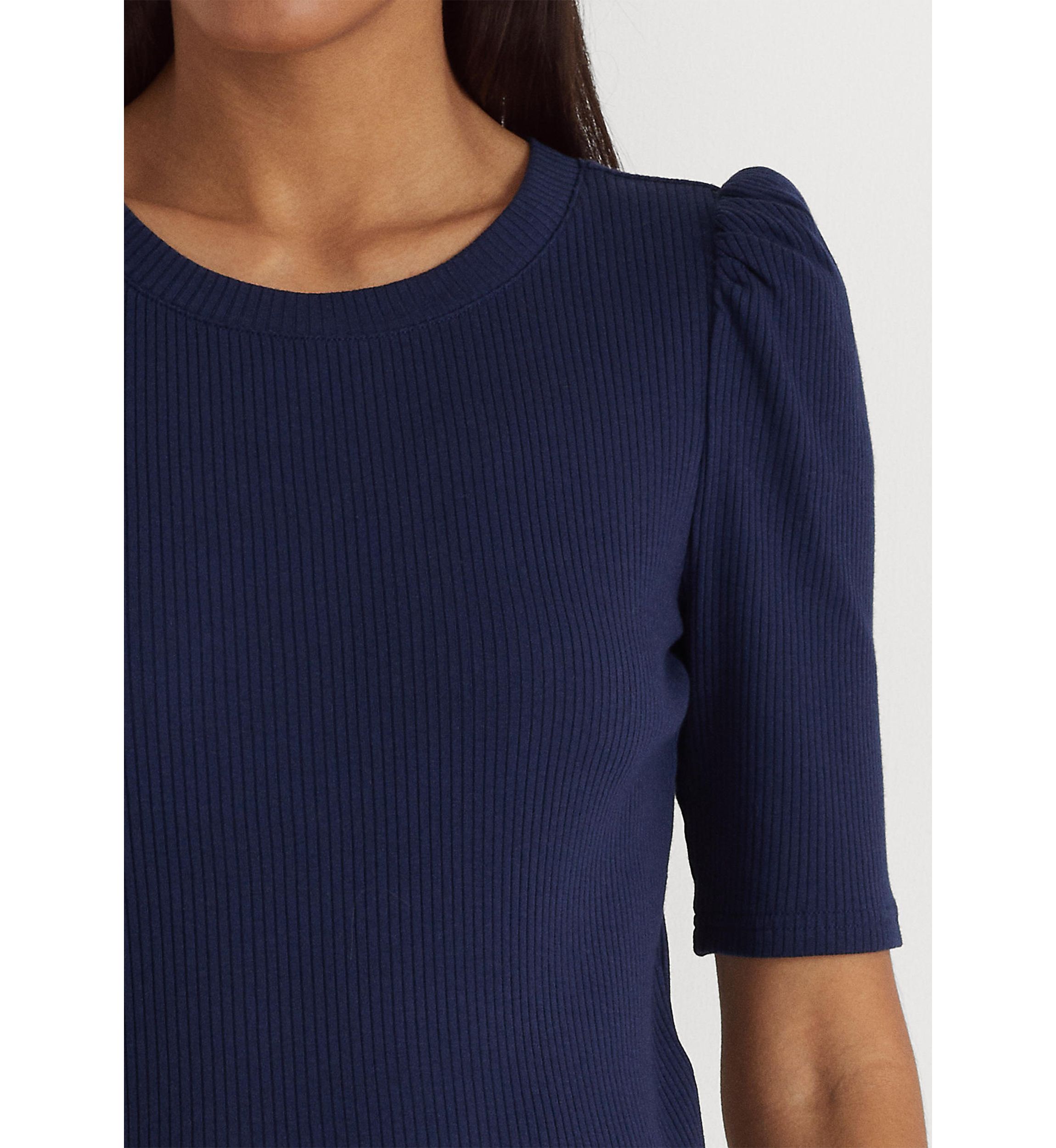 Cotton Blend Rib Knit Puff Sleeve T-Shirt