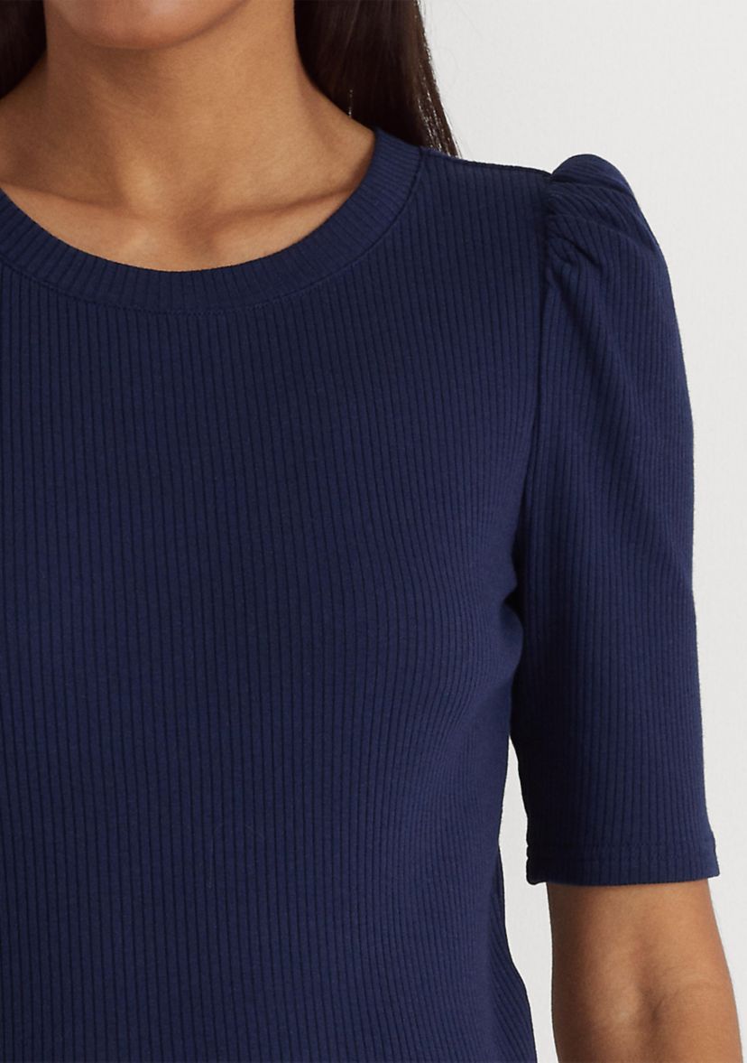 Cotton Blend Rib Knit Puff Sleeve T-Shirt